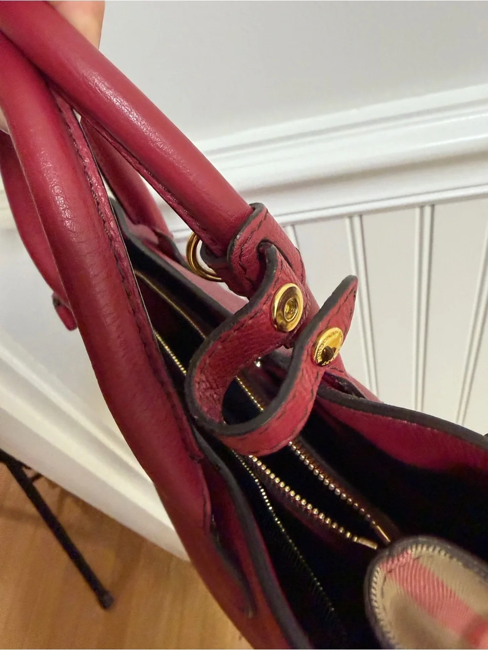Burberry Burgundy Leather Satchel with Gold Hardware